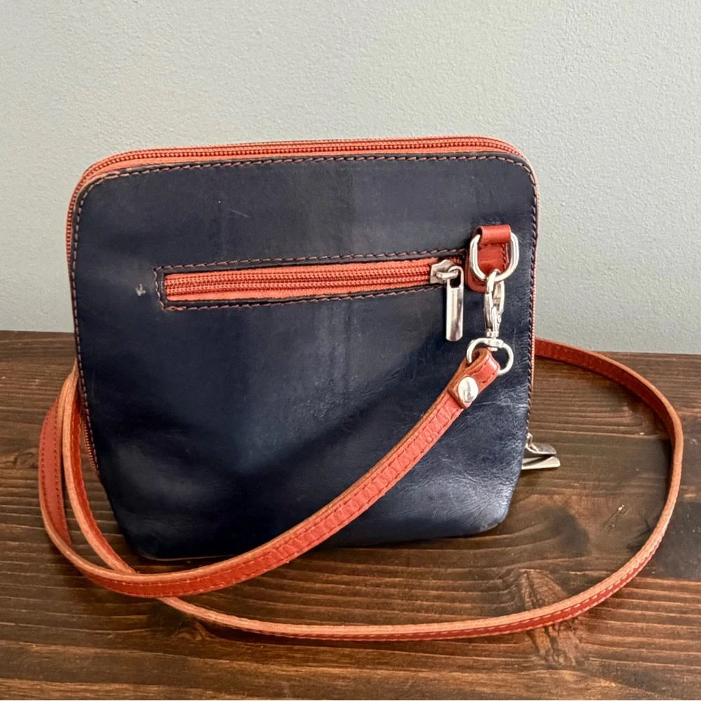 Florence Made in Italy Navy & Brown Leather Crossbody with Silver Tone Hardware